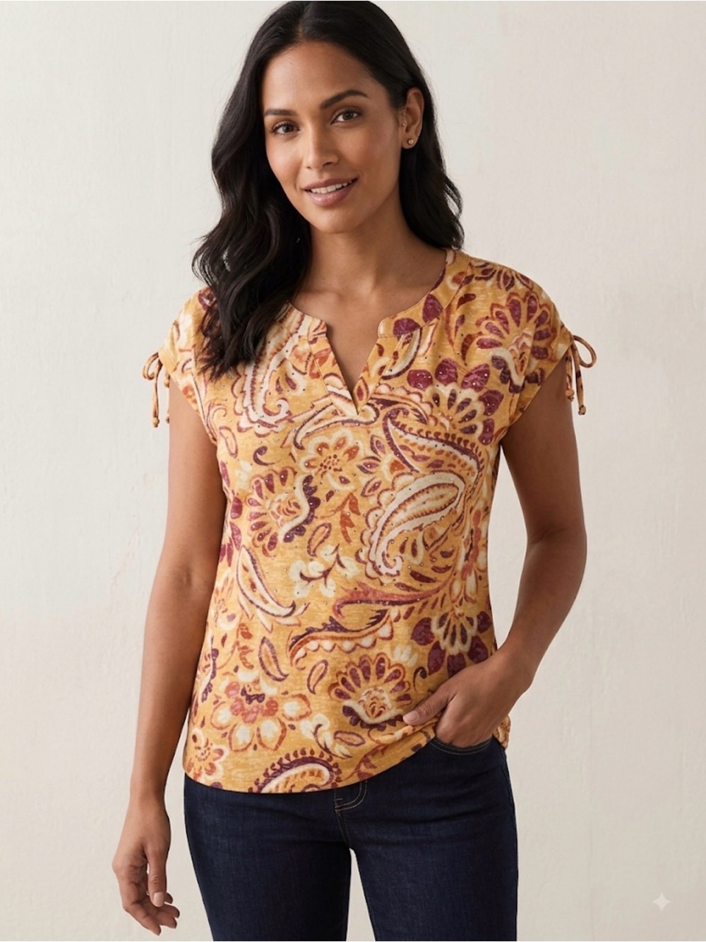 Laura petites Paisley Split-Neck Short Sleeve Tee
